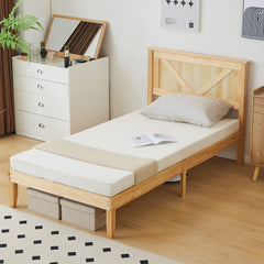 HAOYYE Twin Size Solid Wood Platform Bed Frame with Headboard, Natural Wood Finish, Sturdy and Durable, No Box Spring Needed, Modern Design with Strong Support, Easy Assembly, Perfect for Bedroom, Kids Room, or Guest Room