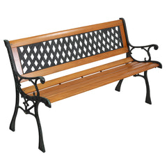 HAOYYE Garden Bench, Patio Porch Chair with Hardwood Seat and Cast Iron Frame, Elegant Weave Style Back, Comfortable Outdoor Love Seat for Deck, Porch, or Garden, Durable and Stylish Seating for Two