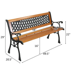 HAOYYE Garden Bench, Patio Porch Chair with Hardwood Seat and Cast Iron Frame, Elegant Weave Style Back, Comfortable Outdoor Love Seat for Deck, Porch, or Garden, Durable and Stylish Seating for Two