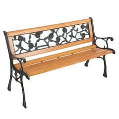 HAOYYE Garden Bench, Patio Porch Chair with Hardwood Seat and Cast Iron Frame, Rose Style Backrest, Comfortable and Elegant Love Seat for Deck, Porch, or Garden, Durable Outdoor Seating for Two