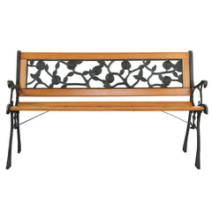 HAOYYE Garden Bench, Patio Porch Chair with Hardwood Seat and Cast Iron Frame, Rose Style Backrest, Comfortable and Elegant Love Seat for Deck, Porch, or Garden, Durable Outdoor Seating for Two