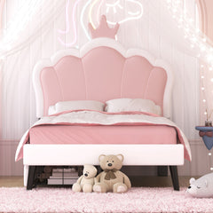 HAOYYE Twin Size Upholstered Princess Bed with Crown Headboard and Footboard, 2 Storage Drawers, Pink & White, Platform Bed for Girls Bedroom, Cute & Functional Kids Bed with Storage, Durable and Easy Assembly