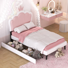 HAOYYE Twin Size Upholstered Princess Bed with Crown Headboard and Footboard, 2 Storage Drawers, Pink & White, Platform Bed for Girls Bedroom, Cute & Functional Kids Bed with Storage, Durable and Easy Assembly