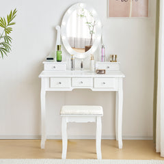HAOYYE Vanity Set With 3-Color Dimmable Lighted Mirror Makeup Dressing Table With Power Outlet Drawers And Cushioned Stool