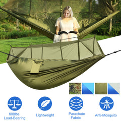 HAOYYE Portable Double Camping Hammock with Mosquito Net Heavy Duty Nylon Swing Bed for 2 Persons 600lbs Load Outdoor Hiking Relaxation with Strap Hooks and Carrying Bag Easy Setup and Durable