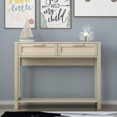 HAOYYE 39.4" Rattan Console Table with 2 Drawers, Narrow Long Entryway Table, Boho Wood Hall Table with Bottom Shelf for Living Room, Hallway