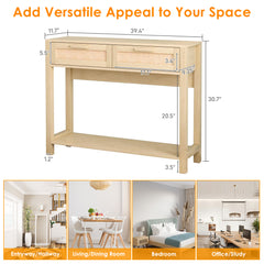 HAOYYE 39.4" Rattan Console Table with 2 Drawers, Narrow Long Entryway Table, Boho Wood Hall Table with Bottom Shelf for Living Room, Hallway