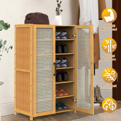 HAOYYE 6-Tier Shoe Cabinet with Bamboo Shoe Rack Freestanding Shoe Organizer with Two Hollow Doors and Handles, Large Capacity Storage with Heavy Duty Load Bearing, Perfect for Closet Hallway and Living Room Organization