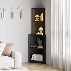 HAOYYE 4-Layer L-Shaped Corner Display Rack, Particle Board, Black with LED Light, Power Strip, Soft Cozy Warm Flannel Fleece, Luxury Comfortable Unique Design, Modern Premium Storage Shelf.