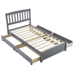 HAOYYE Four Large Drawers Pinewood Bed with Curved Vertical Headboard, Twin Size Gray Bed Frame with Ample Storage, Sturdy and Stylish Platform Bed, Space-Saving Solution for Bedrooms, Easy Assembly and Modern Design