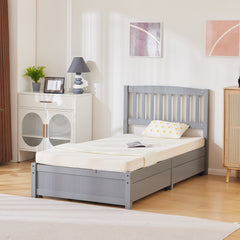 HAOYYE Four Large Drawers Pinewood Bed with Curved Vertical Headboard, Twin Size, Gray Storage Bed Frame with Ample Under-Bed Storage, Sturdy and Stylish Design for Bedroom, Space-Saving, Easy Assembly, Perfect for Kids and Adults