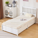 HAOYYE Twin White Pinewood Bed with Curved Vertical Headboard, Four Large Drawers for Storage, Space-Saving Design, Sturdy Construction with Hardwood Slats, No Box Spring Needed, Modern and Functional Bedroom Furniture