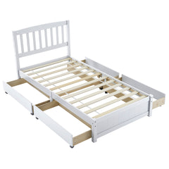 HAOYYE Twin White Pinewood Bed with Curved Vertical Headboard, Four Large Drawers for Storage, Space-Saving Design, Sturdy Construction with Hardwood Slats, No Box Spring Needed, Modern and Functional Bedroom Furniture