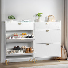 HAOYYE White Shoe Cabinet with V Shaped Carved Door Panel 2 Drawers and Top Flip Drawer Modern Particle Board Storage Organizer with Gold Accessories for Entryway Hallway or Living Room