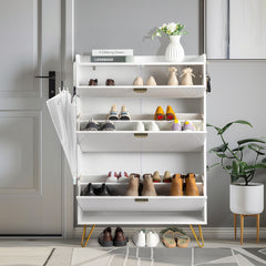 HAOYYE White Shoe Cabinet with V Shaped Carved Door Panel 2 Drawers and Top Flip Drawer Modern Particle Board Storage Organizer with Gold Accessories for Entryway Hallway or Living Room