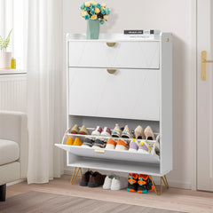 HAOYYE White Shoe Cabinet with V Shaped Carved Door Panel 2 Drawers and Top Flip Drawer Modern Particle Board Storage Organizer with Gold Accessories for Entryway Hallway or Living Room