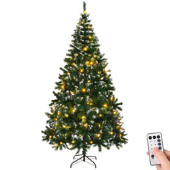 HAOYYE 7 FT Snow Tipped Artificial Christmas Tree with 150 Warm LED Lights, DIY Remote Control, 1100 Branch Tips, Sturdy Metal Stand, Green & Snow Tipped Holiday Tree for Indoor and Outdoor Decor