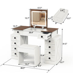 HAOYYE Vanity Desk with Dimmable LED Light, 10 Drawers, Flip-Up Mirror, Space-Saving Makeup Table Set with Large Storage, White + Walnut Finish, Modern Vanity Table with Stool, Organizer for Bedroom, Dressing Room, or Makeup Station