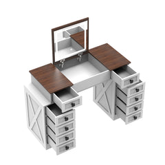HAOYYE Vanity Desk with Dimmable LED Light, 10 Drawers, Flip-Up Mirror, Space-Saving Makeup Table Set with Large Storage, White + Walnut Finish, Modern Vanity Table with Stool, Organizer for Bedroom, Dressing Room, or Makeup Station