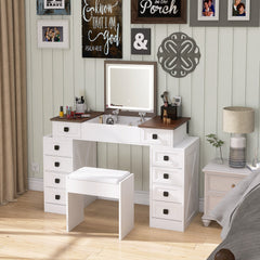 HAOYYE Vanity Desk with Dimmable LED Light, 10 Drawers, Flip-Up Mirror, Space-Saving Makeup Table Set with Large Storage, White + Walnut Finish, Modern Vanity Table with Stool, Organizer for Bedroom, Dressing Room, or Makeup Station