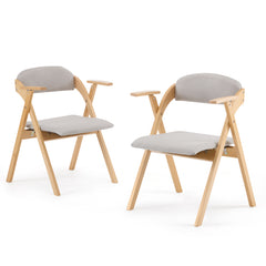 HAOYYE 2PCS Wooden Folding Chairs with Padded PU Leather Seats and Armrests, Portable Foldable Beechwood Frame Chairs for Dining Kitchen Office Wedding Party Picnic, Natural Frame with Light Gray Cushion