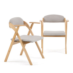 HAOYYE 2PCS Wooden Folding Chairs with Padded PU Leather Seats and Armrests, Portable Foldable Beechwood Frame Chairs for Dining Kitchen Office Wedding Party Picnic, Natural Frame with Light Gray Cushion