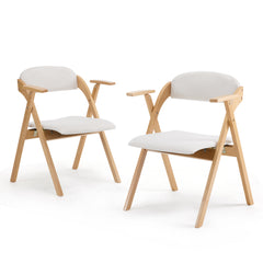 HAOYYE Set of 2 Wooden Folding Chairs with Padded PU Leather Seats and Armrests, Portable Foldable Beechwood Frame Chairs for Dining Kitchen Office Wedding Party Picnic, Natural Frame with Beige Cushion