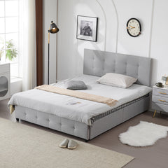 HAOYYE Upholstered Queen Platform Storage Bed Frame with 4 Drawers, Adjustable Headboard with Button-Tufted Design, Wooden Slat Support, No Box Spring Needed, Light Grey Linen Fabric, Sturdy Frame, Modern and Elegant Storage Bed for Bedroom