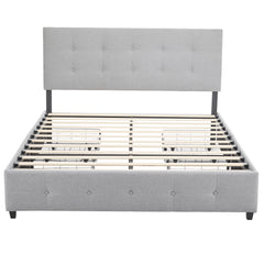 HAOYYE Upholstered Queen Platform Bed with 4 Drawers, Adjustable Button-Tufted Headboard, Wooden Slat Support, No Box Spring Needed, Light Grey Storage Bed for Bedroom