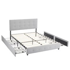 HAOYYE Upholstered Queen Platform Bed with 4 Drawers, Adjustable Button-Tufted Headboard, Wooden Slat Support, No Box Spring Needed, Light Grey Storage Bed for Bedroom