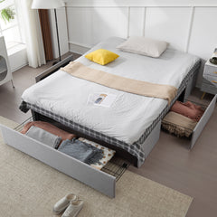 HAOYYE Queen Bed Frame with 3 Large Storage Drawers, Fabric Upholstered Platform Bed with Wooden Slat Support, No Box Spring Needed, Easy Assembly, Light Grey Upholstered Bed for Bedroom, Modern and Space-Saving Design