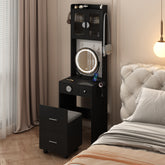 HAOYYE Small Vanity Desk with Mirror and LED Lights, Makeup Table with Charging Station, Drawers & Storage Shelves, Compact Mini Corner Vanity Set with Hidden Storage Stool for Bedroom, Space-Saving, Modern Makeup Organizer for Small Spaces