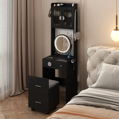 HAOYYE Small Vanity Desk with Mirror and LED Lights, Makeup Table with Charging Station, Drawers & Storage Shelves, Compact Mini Corner Vanity Set with Hidden Storage Stool for Bedroom, Space-Saving, Modern Makeup Organizer for Small Spaces