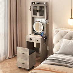 HAOYYE Small Vanity Desk with Mirror, LED Lights, Charging Station, Drawers, and Storage Shelves – Compact Makeup Table for Small Spaces, Mini Corner Vanity Set with Hidden Storage Stool for Bedroom, Apartment, Dorm Room
