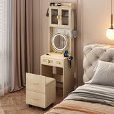 HAOYYE Small Vanity Desk with LED Mirror and Lights, Compact Makeup Table with Charging Station, Storage Shelves, Drawers & Hidden Stool for Small Space, Mini Corner Vanity Set for Bedroom, Modern Storage Solution for Apartments