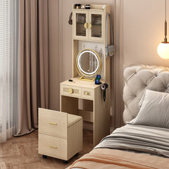 HAOYYE Small Vanity Desk with LED Mirror and Lights, Compact Makeup Table with Charging Station, Storage Shelves, Drawers & Hidden Stool for Small Space, Mini Corner Vanity Set for Bedroom, Modern Storage Solution for Apartments