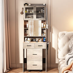 HAOYYE Small Vanity Desk with Sliding Mirror, LED Lights, and Charging Station – Compact Mini Makeup Table with Storage Shelves, Hidden Storage Stool for Bedroom, Small Space Corner Vanity Set for Apartments, Modern Design with Dimmable Lighting