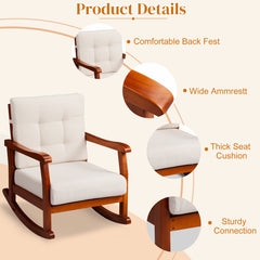 HAOYYE Outdoor Wood Rocking Chair with Detachable Washable Cushions, Inclined Backrest Patio Rocker, Solid Fir Wood Construction for Patio, Porch, Backyard, Balcony, Poolside, Teak Finish for Comfortable Relaxation