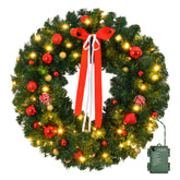 HAOYYE Pre-Lit Battery Powered Christmas Wreath with 80 Warm White LED Lights, 270 PVC Tips and 18 DIY Ornaments, Lighted Artificial Xmas Decoration for Front Door, Gate, Wall, Holiday Party, Festive Indoor and Outdoor Display