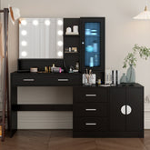 HAOYYE Large Makeup Vanity with Lights, Black Vanity Table with Charging Station, 10 LED Light Bulbs, Mirror, 3 Drawers, Storage Shelves, and Cabinets, Modern Makeup Desk for Bedroom, Dressing Room, or Salon, Adjustable Lighting and USB Ports