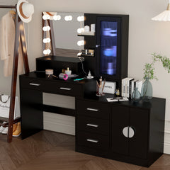 HAOYYE Large Makeup Vanity with LED Lights, Vanity Table with Charging Station, Mirror and 10 LED Bulbs, Makeup Desk with Storage Drawers, Shelves, and Cabinets, Modern Black Vanity Table for Bedroom, Dressing Room, and Makeup Station