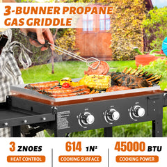 HAOYYE Foldable 3-Burner Flat Top Gas Griddle Cooking Station with Side Shelves, Propane Powered Outdoor Grill for BBQ Camping Tailgating Backyard Parties and Patio Cooking, Portable Heavy Duty Griddle for Versatile Use