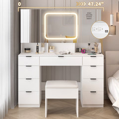 HAOYYE Large Vanity Table Set with 3 Opening Mirrors and LED Lights, White Makeup Vanity Table with Full Storage Behind Mirror, Drawers and Storage Shelves, Cushioned Stool, Perfect for Bedroom, Dressing Room, or Makeup Station