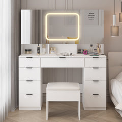 HAOYYE Large Vanity Table Set with 3 Opening Mirrors and LED Lights, White Makeup Vanity Table with Full Storage Behind Mirror, Drawers and Storage Shelves, Cushioned Stool, Perfect for Bedroom, Dressing Room, or Makeup Station