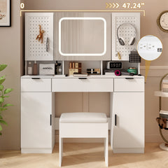 HAOYYE Large Vanity Table Set with LED Mirror, 2 Pegboards & Hooks, Makeup Desk with Charging Station, Storage Shelves, Drawers, Cushioned Stool for Bedroom, Modern Beauty Station with Adjustable Lighting