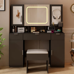 HAOYYE Large Vanity Table Set with LED Lighted Mirror, 2 DIY Pegboards, 5 Hooks, Charging Station, Makeup Desk with Drawers, Storage Shelves & Cabinets, Cushioned Stool for Bedroom, Dressing Table with Modern Design and Convenient Organization