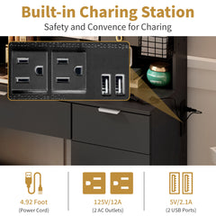 HAOYYE Large Vanity Table Set with LED Lighted Mirror, 2 DIY Pegboards, 5 Hooks, Charging Station, Makeup Desk with Drawers, Storage Shelves & Cabinets, Cushioned Stool for Bedroom, Dressing Table with Modern Design and Convenient Organization