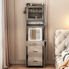 HAOYYE Small Vanity Desk with Mirror and LED Lights, Compact Makeup Table with Charging Station, Storage Shelves, Hidden Storage Stool, Modern Corner Vanity Set for Small Space, Bedroom, Gray