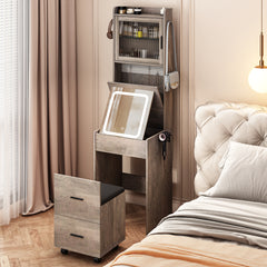 HAOYYE Small Vanity Desk with LED Mirror Lights, Makeup Table with Charging Station & Storage Shelves, Compact Mini Corner Vanity Set with Hidden Storage Stool for Small Bedroom, Modern Gray, Space-Saving Design for Apartments