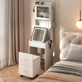 HAOYYE Small Vanity Desk with Mirror and LED Lights, Compact Makeup Table with Charging Station, Storage Shelves, Hidden Storage Stool for Bedroom, Mini Corner Vanity Set for Small Spaces, White, Space-Saving Design, Modern and Functional
